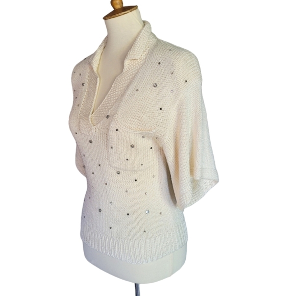 80's Nannel Cream and Rhinestone Open Weave Short Sleeve Sweater - Picture 3 of 7